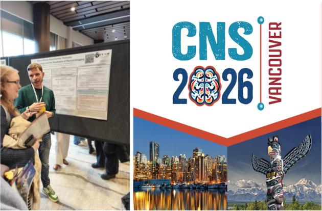 Kirill stans in front of a poster talking to another conference participant. The image also shows the logo of the conference. The zero in 2026 has been replaced by a brain.