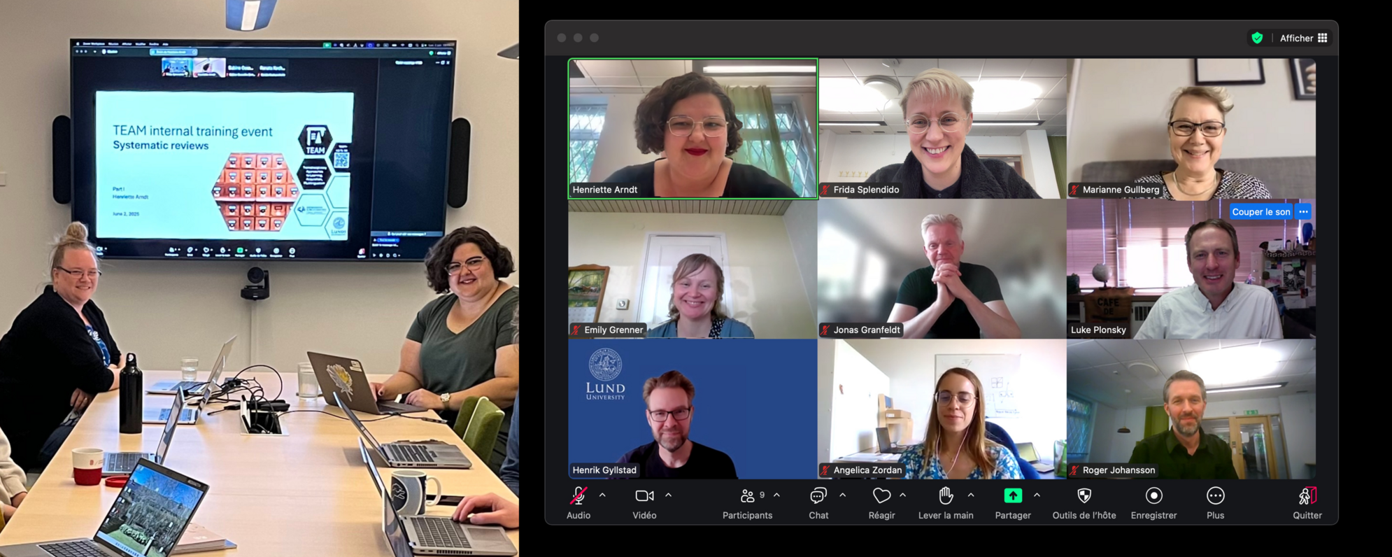 Two photos next to each other. The first one shows two people in front of a screen with a powerpoint presentation. The second one showes nine people in a zoom room.